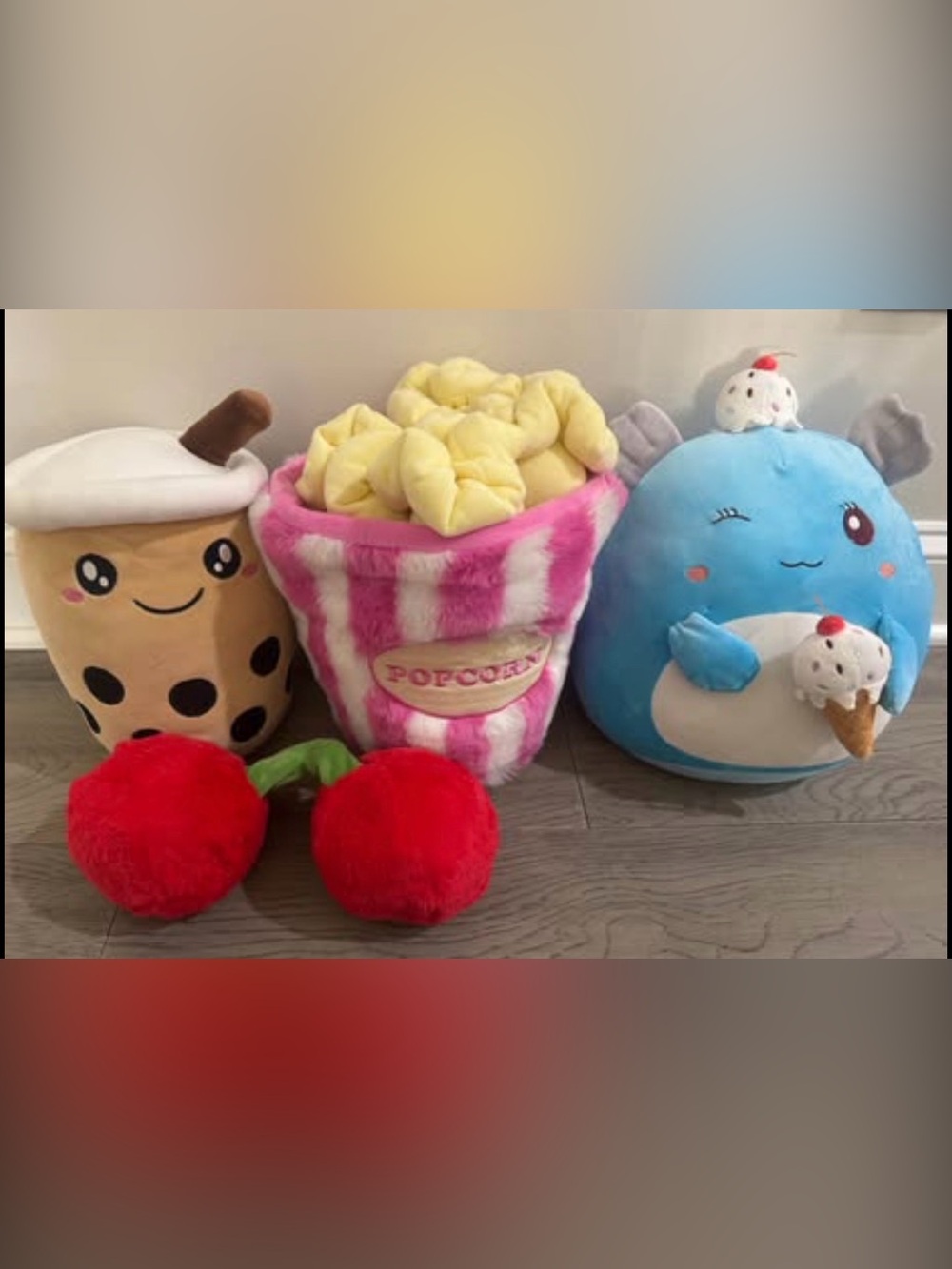 Popcorn; boba; cherries; ice cream plushies